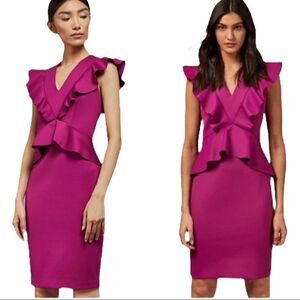 Ted Baker Fuchsia Pink Alair Ruffle-Trimmed Peplum V- Neck Dress